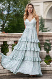 Grey Green A Line Spaghetti Straps Tiered Print Bridesmaid Dress With Ruffles