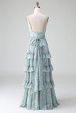 Grey Green A Line Spaghetti Straps Tiered Print Bridesmaid Dress With Ruffles