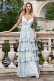 Grey Green A Line Spaghetti Straps Tiered Print Bridesmaid Dress With Ruffles