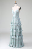 Grey Green A Line Spaghetti Straps Tiered Print Long Bridesmaid Dress With Ruffles