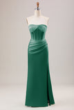 Green Mermaid Strapless Pleated Corset Long Bridesmaid Dress With Slit