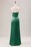 Mermaid Strapless Pleated Corset Long Green Bridesmaid Dress With Slit