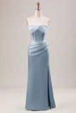 Green Mermaid Strapless Pleated Corset Long Bridesmaid Dress With Slit