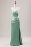 Green Mermaid Strapless Pleated Corset Long Bridesmaid Dress With Slit