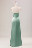 Mermaid Strapless Pleated Corset Long Green Bridesmaid Dress With Slit