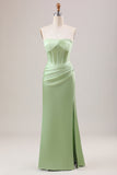 Mermaid Strapless Pleated Corset Long Green Bridesmaid Dress With Slit