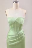 Green Mermaid Strapless Pleated Corset Long Bridesmaid Dress With Slit