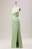 Green Mermaid Strapless Pleated Corset Long Bridesmaid Dress With Slit