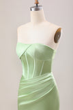 Green Mermaid Strapless Pleated Corset Long Bridesmaid Dress With Slit