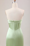 Green Mermaid Strapless Pleated Corset Long Bridesmaid Dress With Slit