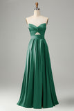 Green A Line Strapless Pleated Hollow Out Long Bridesmaid Dress With Slit