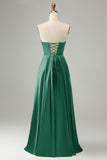 Green A Line Strapless Pleated Hollow Out Long Bridesmaid Dress With Slit