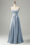 Green A Line Strapless Pleated Hollow Out Long Bridesmaid Dress With Slit