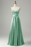 A Line Strapless Pleated Hollow Out Long Green Bridesmaid Dress With Slit