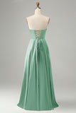 A Line Strapless Pleated Hollow Out Long Green Bridesmaid Dress With Slit