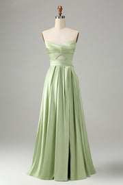 Green A Line Strapless Pleated Hollow Out Long Bridesmaid Dress With Slit