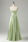 A Line Strapless Pleated Hollow Out Long Green Bridesmaid Dress With Slit