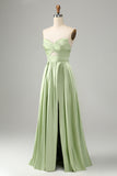 Green A Line Strapless Pleated Hollow Out Long Bridesmaid Dress With Slit