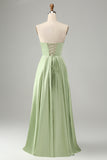 A Line Strapless Pleated Hollow Out Long Green Bridesmaid Dress With Slit