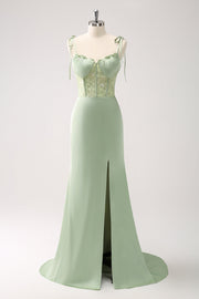 Green Mermaid Spaghetti Straps Corset Bridesmaid Dress with Slit