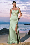 Green Satin Spaghetti Straps Corset Long Mermaid Bridesmaid Dress with Slit