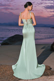 Green Satin Spaghetti Straps Corset Long Mermaid Bridesmaid Dress with Slit