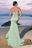 Green Satin Spaghetti Straps Corset Long Mermaid Bridesmaid Dress with Slit