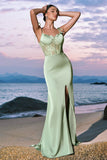 Green Satin Spaghetti Straps Corset Long Mermaid Bridesmaid Dress with Slit