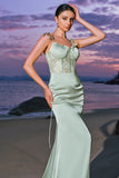 Green Satin Spaghetti Straps Corset Long Mermaid Bridesmaid Dress with Slit