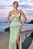 Green Satin Spaghetti Straps Corset Long Mermaid Bridesmaid Dress with Slit