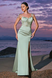 Green Satin Spaghetti Straps Corset Long Mermaid Bridesmaid Dress with Slit