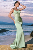 Green Satin Spaghetti Straps Corset Long Mermaid Bridesmaid Dress with Slit