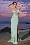 Green Satin Spaghetti Straps Corset Long Mermaid Bridesmaid Dress with Slit