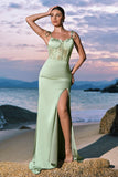 Green Satin Spaghetti Straps Corset Long Mermaid Bridesmaid Dress with Slit