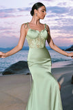 Green Satin Spaghetti Straps Corset Long Mermaid Bridesmaid Dress with Slit