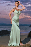 Green Satin Spaghetti Straps Corset Long Mermaid Bridesmaid Dress with Slit