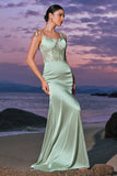 Green Satin Spaghetti Straps Corset Long Mermaid Bridesmaid Dress with Slit