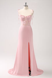 Pink Mermaid Spaghetti Straps Satin Corset Long Bridesmaid Dress with Slit