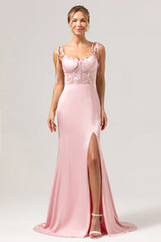 Mermaid Spaghetti Straps Satin Corset Long Pink Bridesmaid Dress with Slit