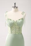 Green Mermaid Spaghetti Straps Corset Bridesmaid Dress with Slit