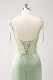 Green Mermaid Spaghetti Straps Corset Bridesmaid Dress with Slit