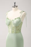 Green Mermaid Spaghetti Straps Corset Bridesmaid Dress with Slit