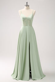 Green A-Line Spaghetti Straps Satin Long Corset Bridesmaid Dress with Slit