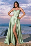 Elegant A-Line Green Satin Spaghetti Straps Corset Long Bridesmaid Dress with Slit