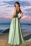 Elegant A-Line Green Satin Spaghetti Straps Corset Long Bridesmaid Dress with Slit