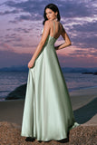 Elegant A-Line Green Satin Spaghetti Straps Corset Long Bridesmaid Dress with Slit