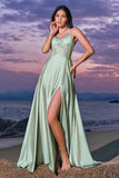 Elegant A-Line Green Satin Spaghetti Straps Corset Long Bridesmaid Dress with Slit