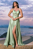 Elegant A-Line Green Satin Spaghetti Straps Corset Long Bridesmaid Dress with Slit