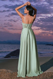 Elegant A-Line Green Satin Spaghetti Straps Corset Long Bridesmaid Dress with Slit