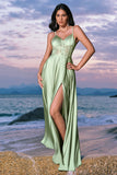 Elegant A-Line Green Satin Spaghetti Straps Corset Long Bridesmaid Dress with Slit